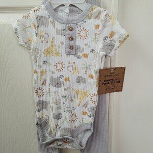 NWT DreamGro 3-Piece Baby Outfit Safari Animals Bodysuit Pants Hat 6-9 Mos Gray